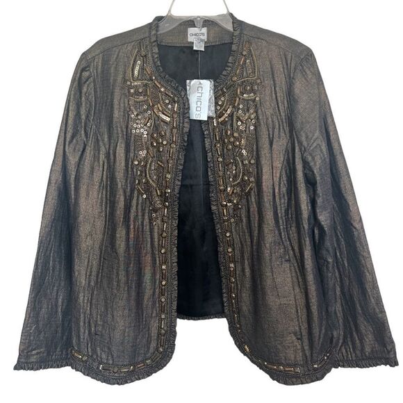 Chico’s Golden Trinket Royalty Beaded Studded Metallic Jacket Size XL - Picture 1 of 10